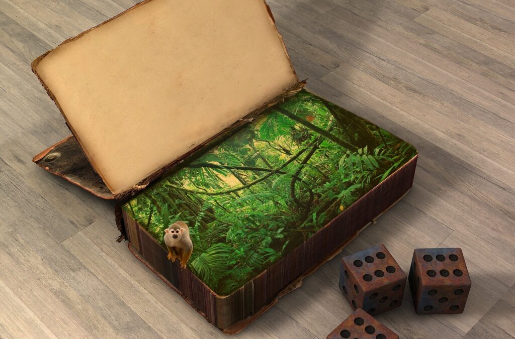 Illustration - a book with jungle inside and dice on the side