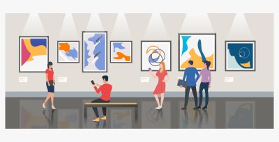Men and women visiting museum or art gallery vector illustration. Modern art, exhibition, culture. Artworks concept. Design for website templates, posters, banners