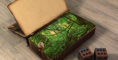 Illustration - a book with jungle inside and dice on the side